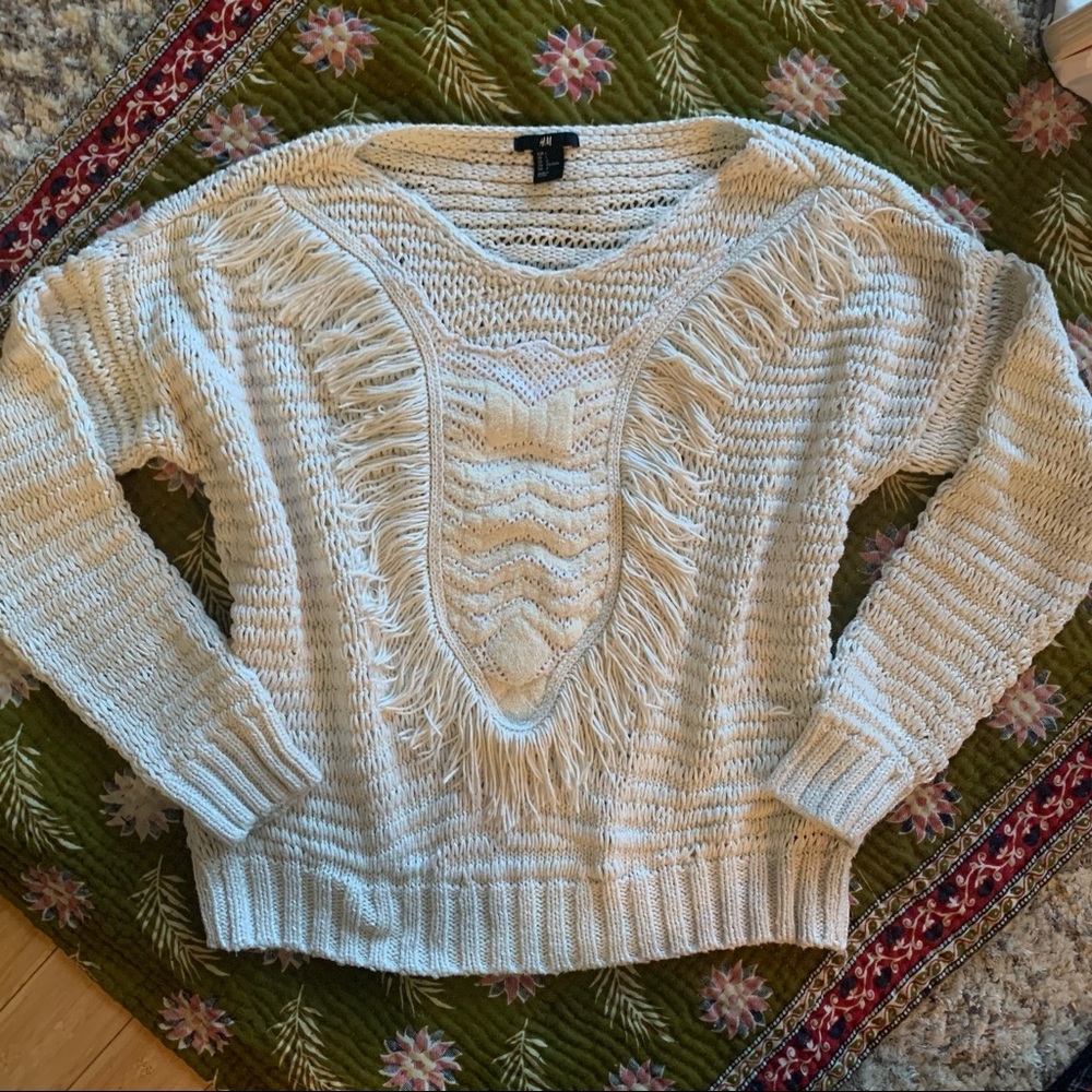 H&M fringe knit cream white sweater
